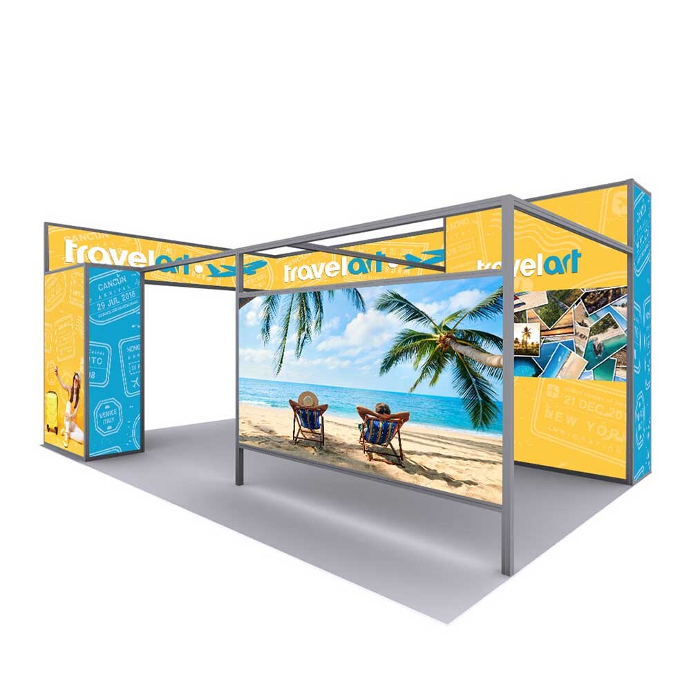 Customizable modular trade show booth display with SEG fabric graphics