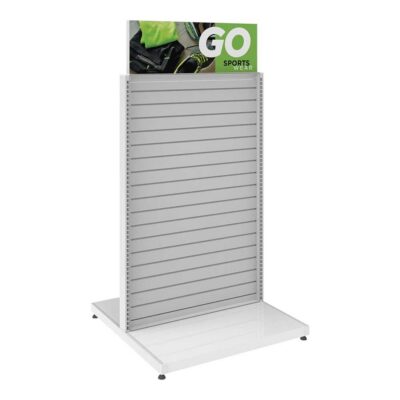 Double sided slatwall retail display fixture with header panel for merchandising