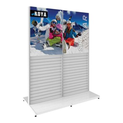 Double sided slatwall retail display fixture with graphic header panel