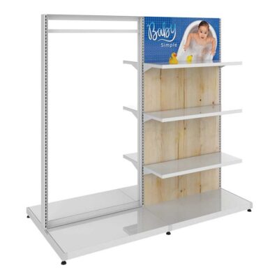 Double sided retail display fixture with shelving and slatwall for merchandising