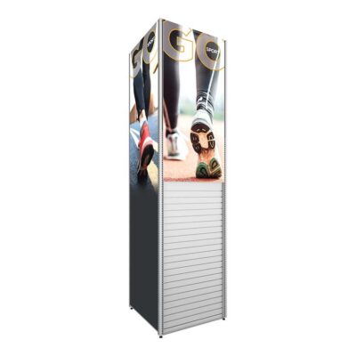 Four sided retail display stand for product merchandising and store visibility