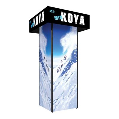 Four sided retail display tower with graphic panels for store merchandising