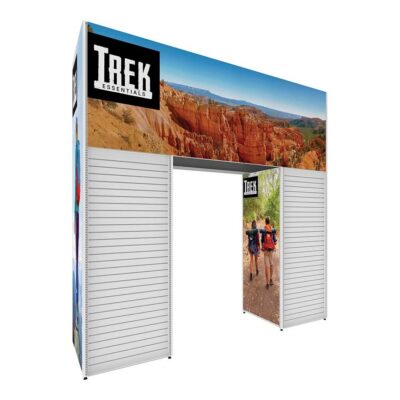 Four sided slatwall retail display fixture with header panel for merchandising