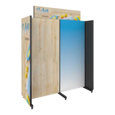 Gondola retail display fixture with solid panels for store merchandising