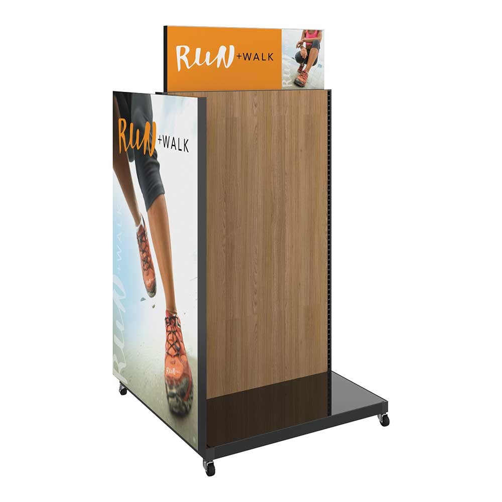 Gondola retail display fixture with graphic panels for product merchandising