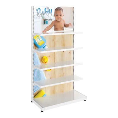 Single sided retail display fixture with shelves for product merchandising