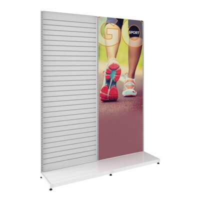 Single sided retail display fixture with graphic panel and slatwall for merchandising
