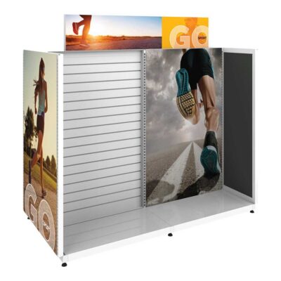 Gondola retail display fixture with slatwall panels and graphic signage for merchandising