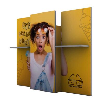 10x10 modular trade show booth display with custom graphics and shelving