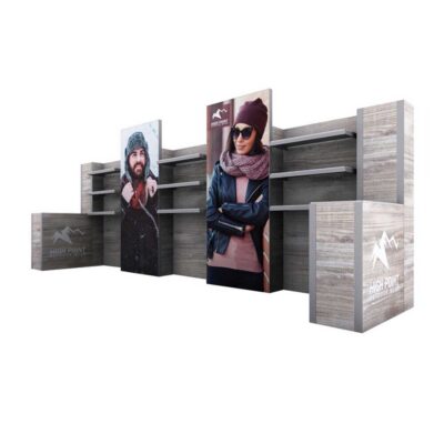 10x20 modular trade show booth display with shelving and product display areas