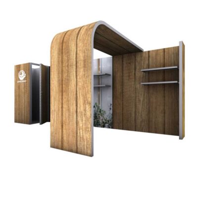 10x20 modular trade show booth with arch structure and custom exhibit design