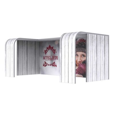 10x20 modular trade show booth display with curved structure and custom graphics