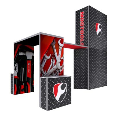 20x20 modular trade show booth exhibit with tower display and custom branding