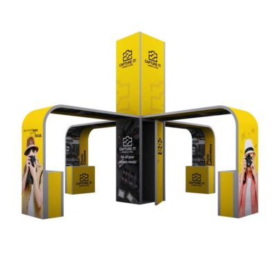 30x30 modular trade show booth display with large custom exhibit structure